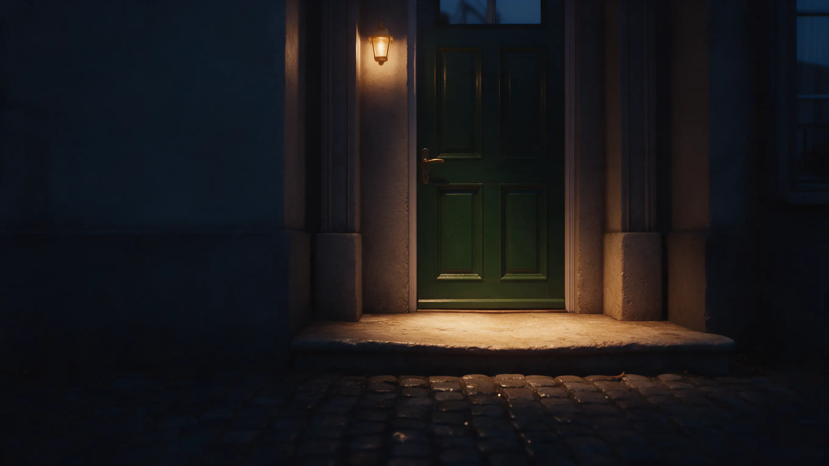 A closed green front door under a lit brass lantern at dusk, a parcel waiting on the worn stone step.